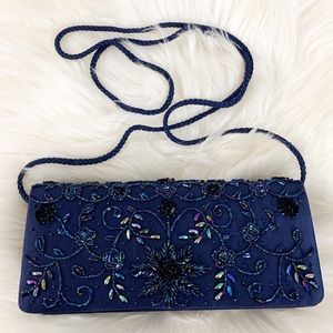 Valerie Stevens Beaded Evening Shoulder Purse Clutch Occasion Bag Navy Blue